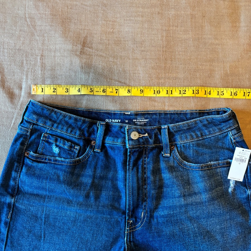 Old Navy Denim Shorts OG Straight 12 High Rise Raw Hem Dark Wash Distressed Boho - Picture 5 of 7